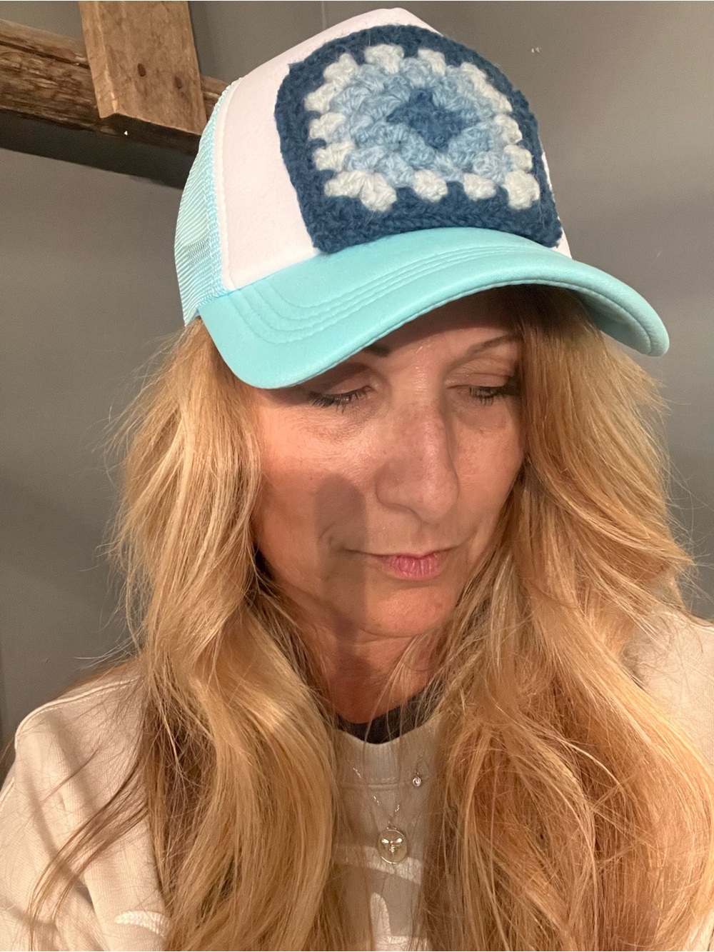 Aqua & White Crochet Patch Trucker Hat